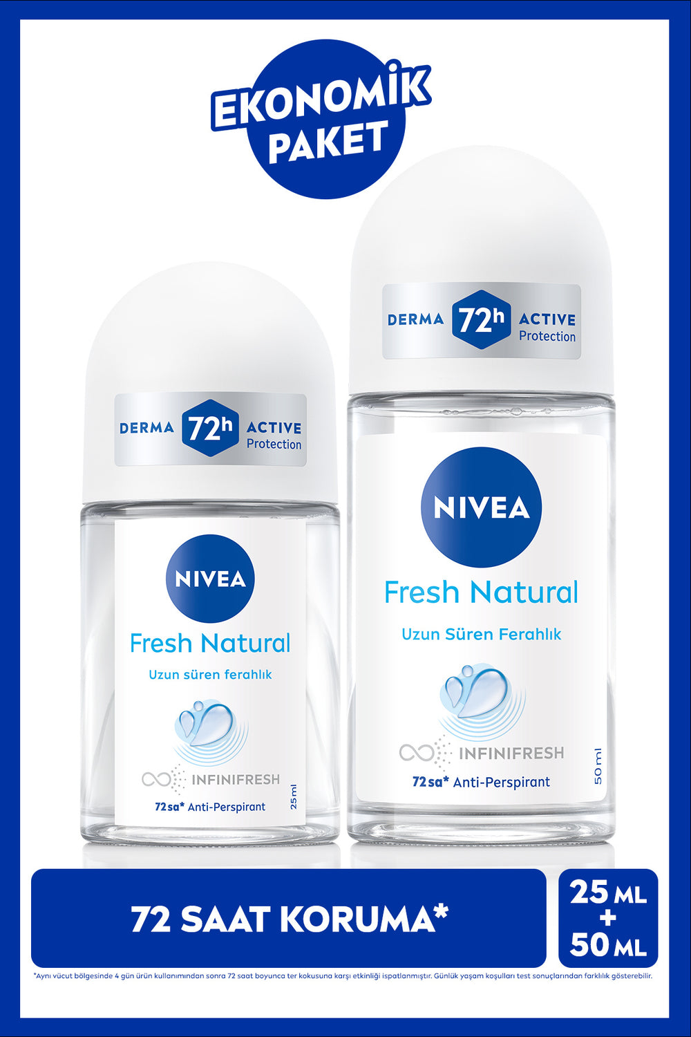 Nivea Women's Roll-on Deodorant Fresh Natural 50 ml and 25 ml, 72 Hours Antiperspirant Protection, Economical Size