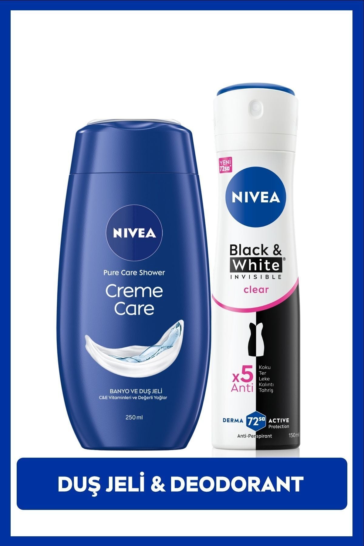 Nivea Creme Care Moisturizing Shower Gel 250ml and Women's Spray Deodorant Black&White Invisible Clear 150ml