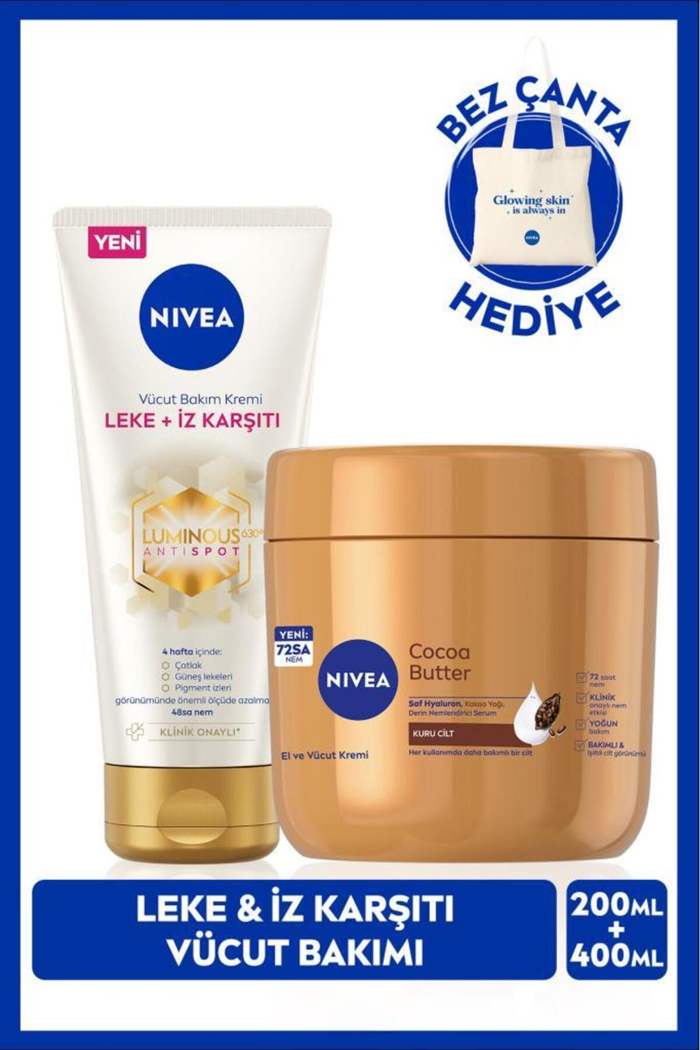 Nivea Luminous630 Anti Blemish and Mark Body Cream 200ml and Cocoa Butter Moisturizing Cream 400ml, Gift Bag