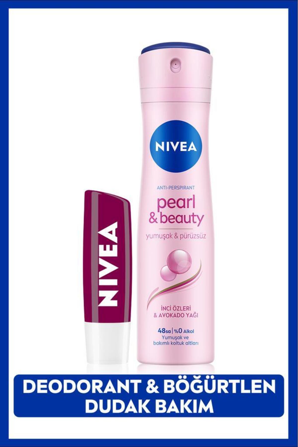 Nivea Women's Spray Deodorant Pearl&Beauty 150ml, 48 Hour Protection and Moisturizing Blackberry Lip Care Cream