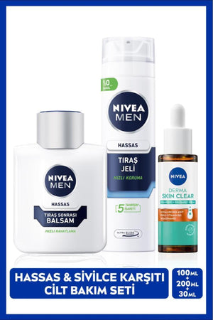 Nivea MEN Men's After Shave Balm 100ml, Derma Skin Clear Anti Serum 30ml and Shaving Gel 200ml