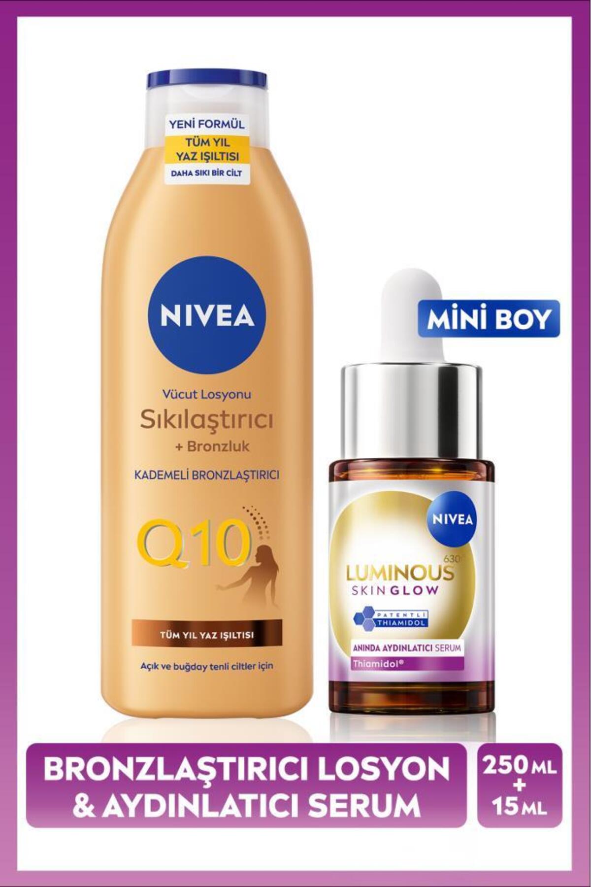 Nivea Luminous630 Skin Glow Instant Brightening Serum 15ml and Q10 Firming Bronzer Body Lotion 250ml
