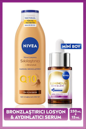 Nivea Luminous630 Skin Glow Instant Brightening Serum 15ml and Q10 Firming Bronzer Body Lotion 250ml