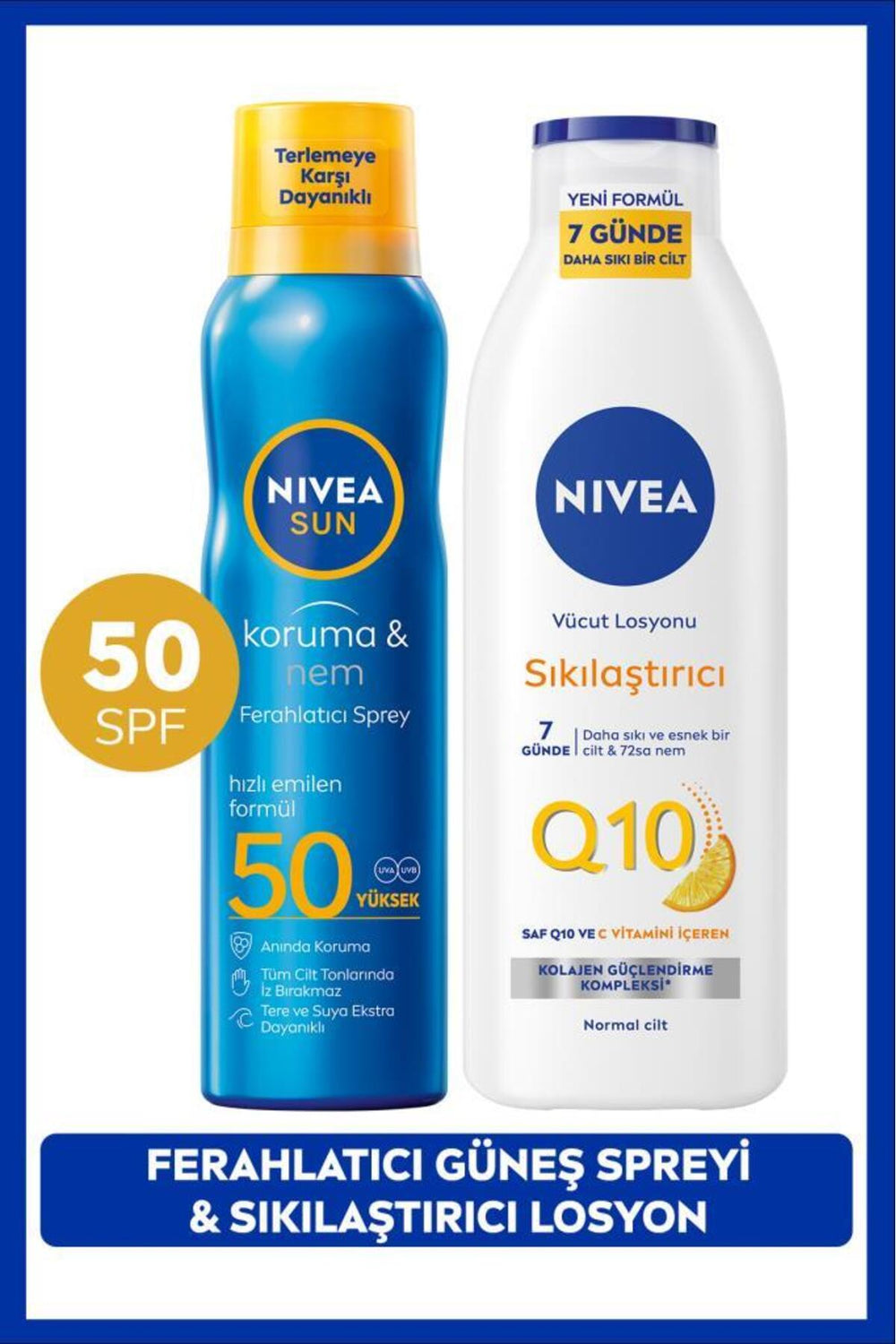 Nivea SUN SPF50 Sunscreen Refreshing Spray 200ml and Q10 7 Days Firming Body Lotion 250ml