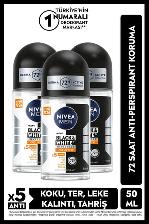 Nivea MEN Men's Roll-on Deodorant Black&White Invisible Strong Effect 50ml, 72 Hours Sweat Protection, X3 Pieces