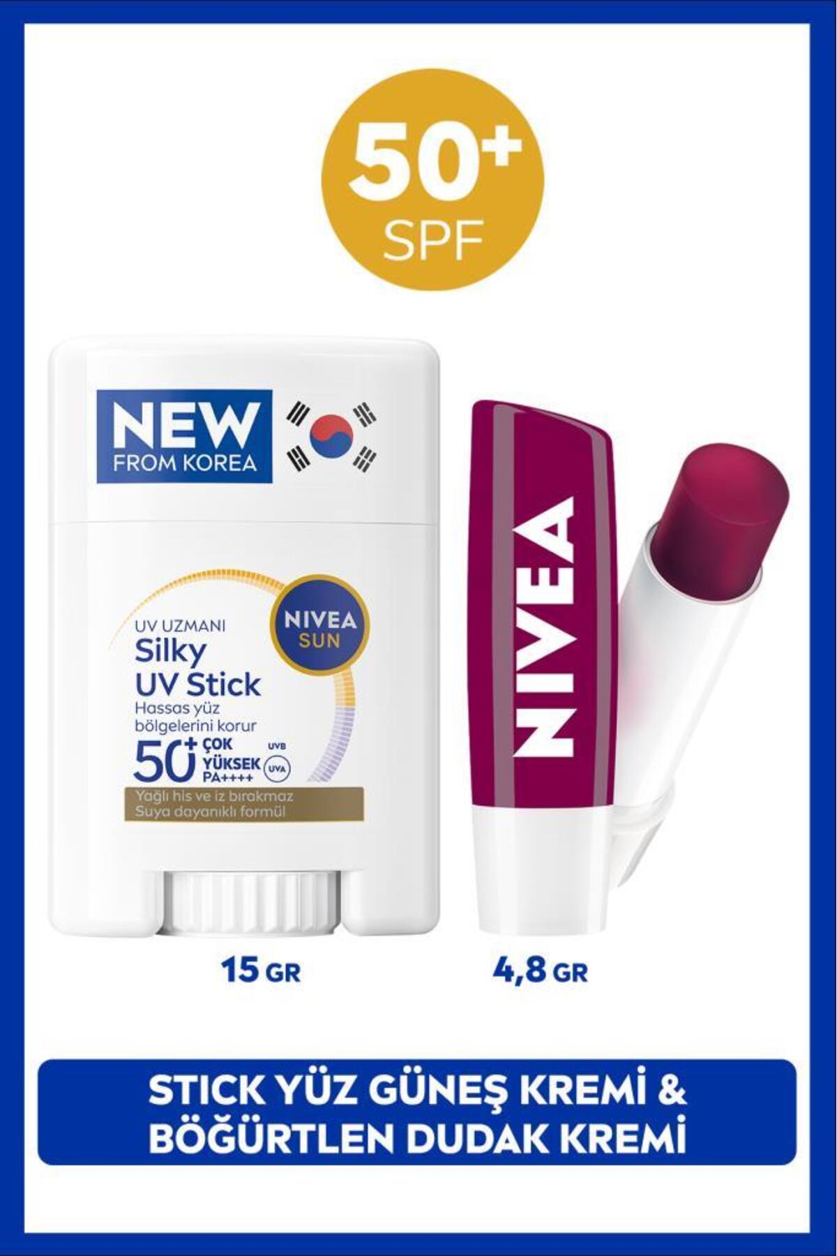 Nivea SUN SPF50+ Sunscreen Korean Stick Face Cream 15gr and Blackberry Colored Moisturizing Lip Cream