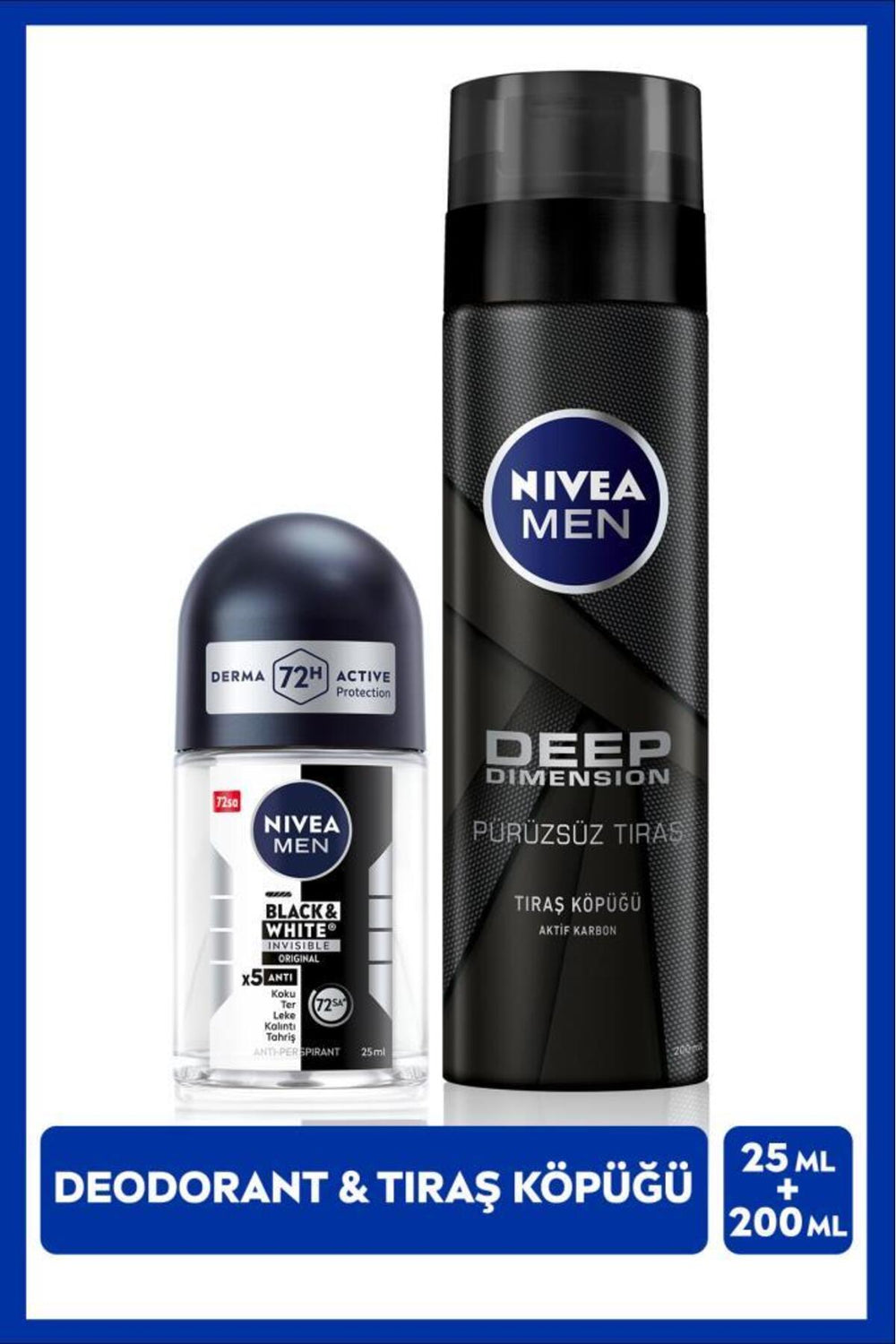 Nivea MEN Men's Shaving Foam Deep Dimension 200ml and Mini Roll-on Deodorant Black&White Original 25ml
