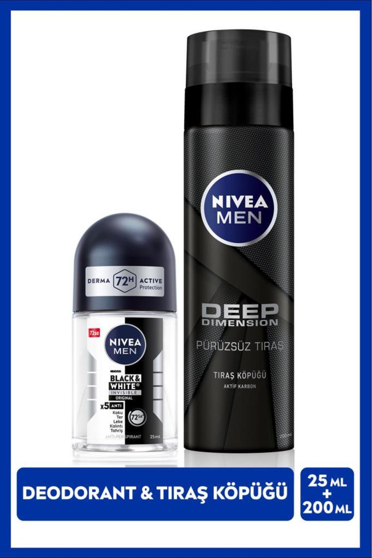 Nivea MEN Men's Shaving Foam Deep Dimension 200ml and Mini Roll-on Deodorant Black&White Original 25ml