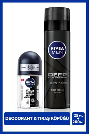 Nivea MEN Men's Shaving Foam Deep Dimension 200ml and Mini Roll-on Deodorant Black&White Original 25ml