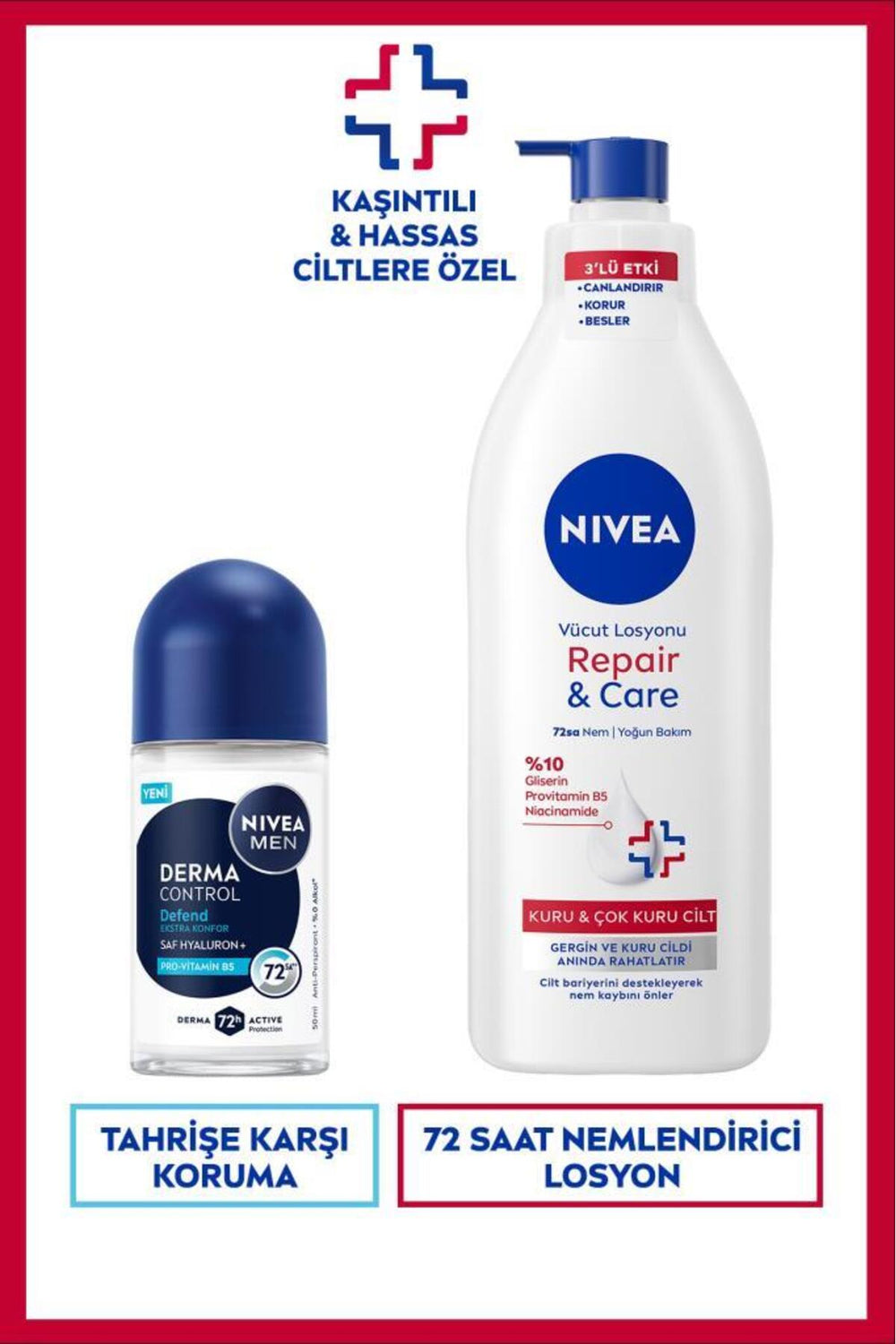 Nivea MEN Men's Roll-on Deodorant Derma Control Defend 50ml and Repair&Care Moisturizing Body Lotion