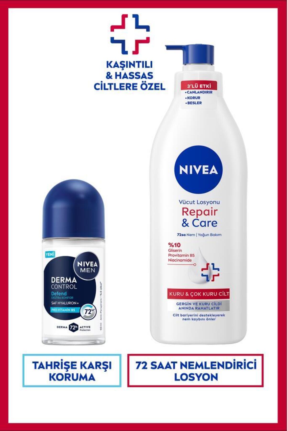 Nivea MEN Men's Roll-on Deodorant Derma Control Defend 50ml and Repair&Care Moisturizing Body Lotion