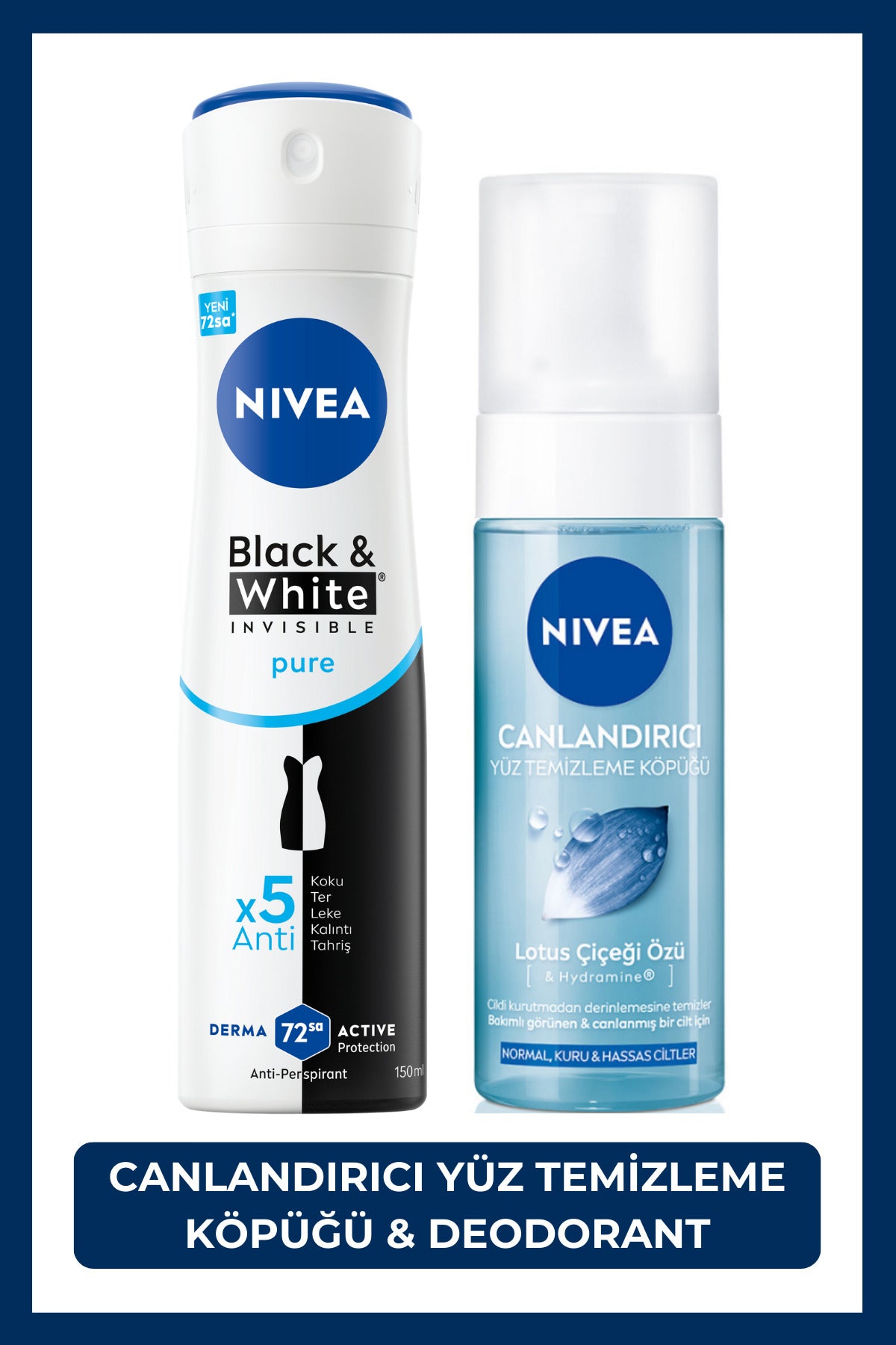 Nivea Women's Spray Deodorant Black&White Invisible Pure 150ml and Refreshing Facial Cleansing Foam 150ml