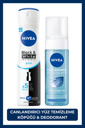 Nivea Women's Spray Deodorant Black&White Invisible Pure 150ml and Refreshing Facial Cleansing Foam 150ml