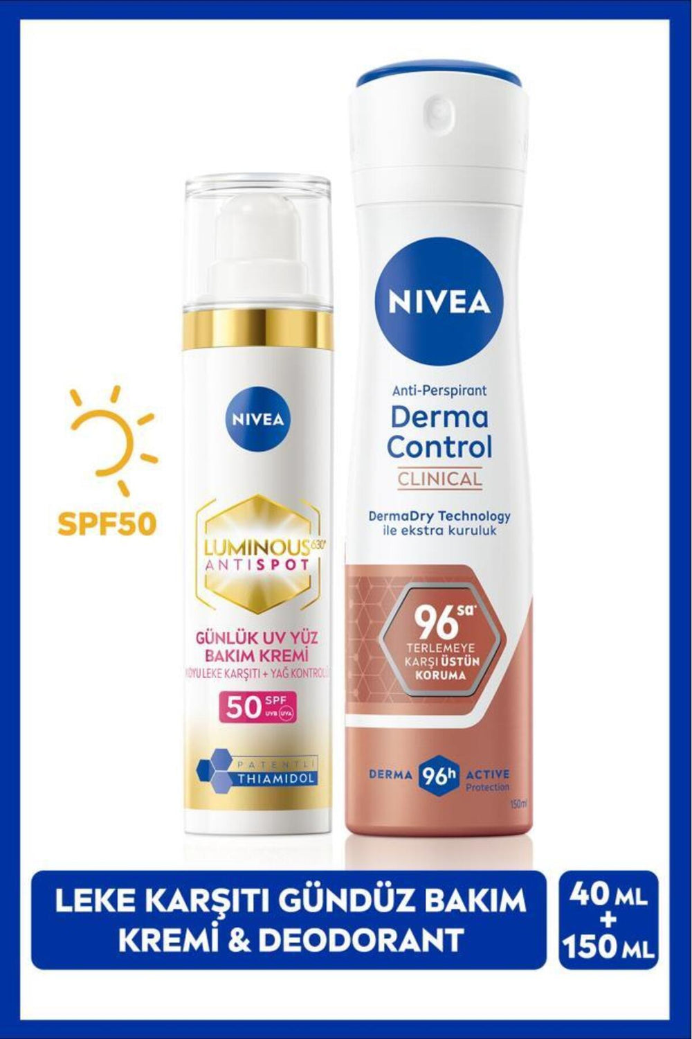 Nivea Luminous630 Thiamidol Effective Anti-Blemish Cream 40ml and Spray Deodorant Derma Control Clinical 150ml