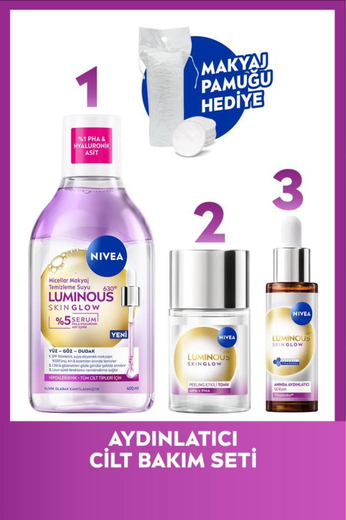 Nivea Skin Glow Brightening Care Routine, Make-up Remover Water 400ml, Serum and Tonic 100ml, Cotton Gift