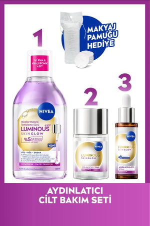 Nivea Skin Glow Brightening Care Routine, Make-up Remover Water 400ml, Serum and Tonic 100ml, Cotton Gift