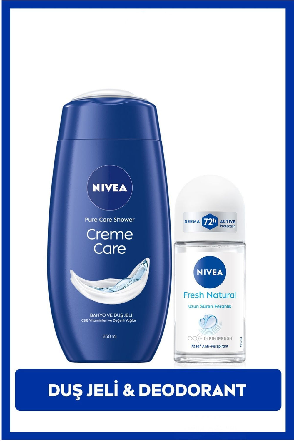 Nivea Creme Care Moisturizing Shower Gel 250ml and Roll-on Deodorant Fresh Natural 50ml, 72 Hours Sweat Protection