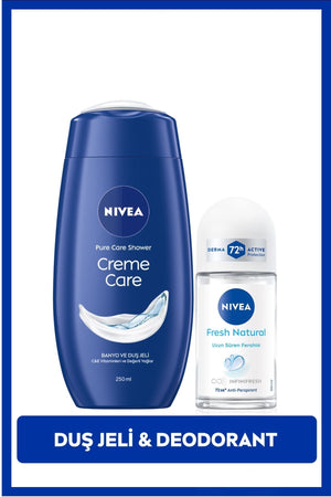 Nivea Creme Care Moisturizing Shower Gel 250ml and Roll-on Deodorant Fresh Natural 50ml, 72 Hours Sweat Protection