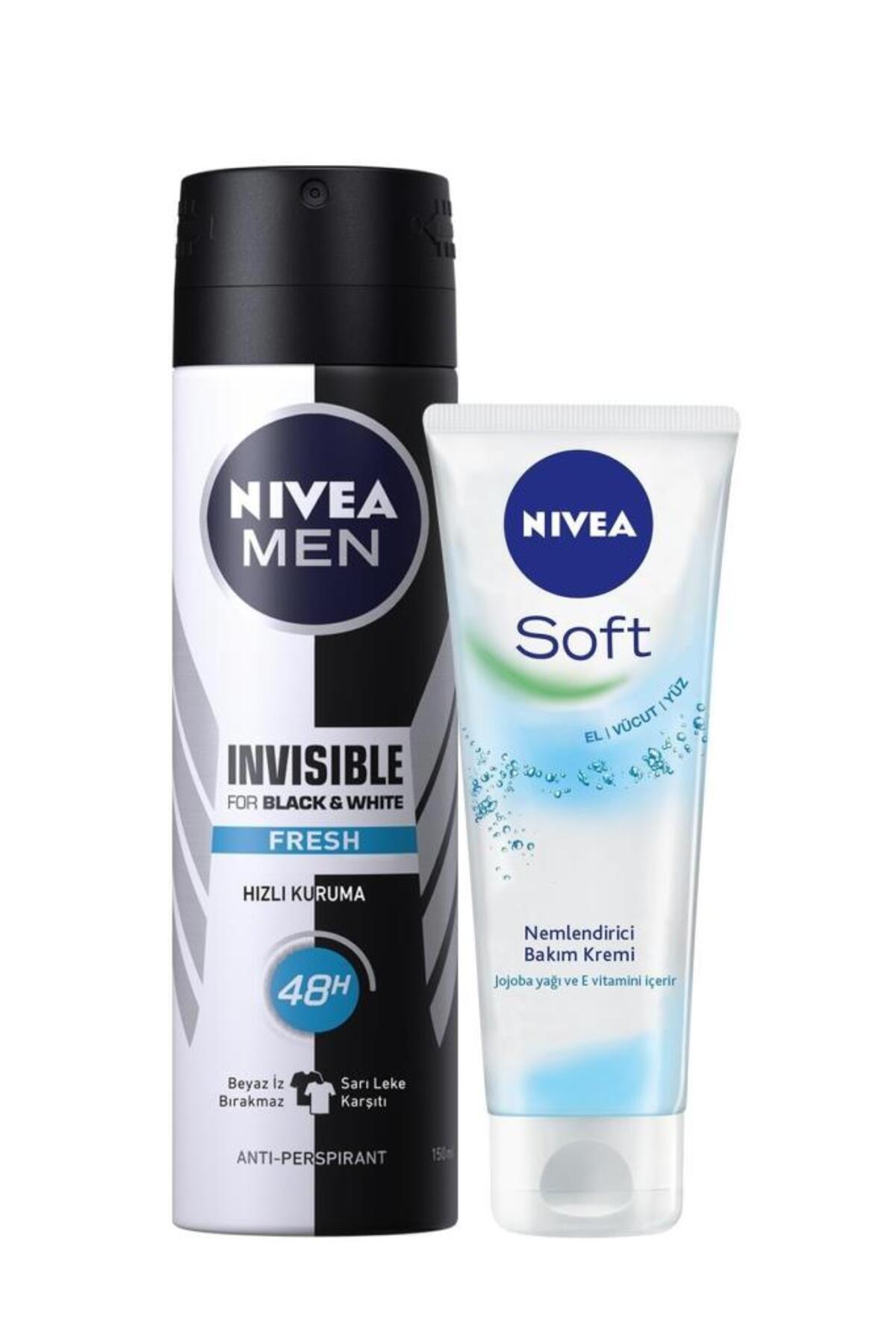 Nivea Men's Spray Deodorant Black&white Invisible Fresh 150ml and Soft Moisturizing Care Cream 75ml