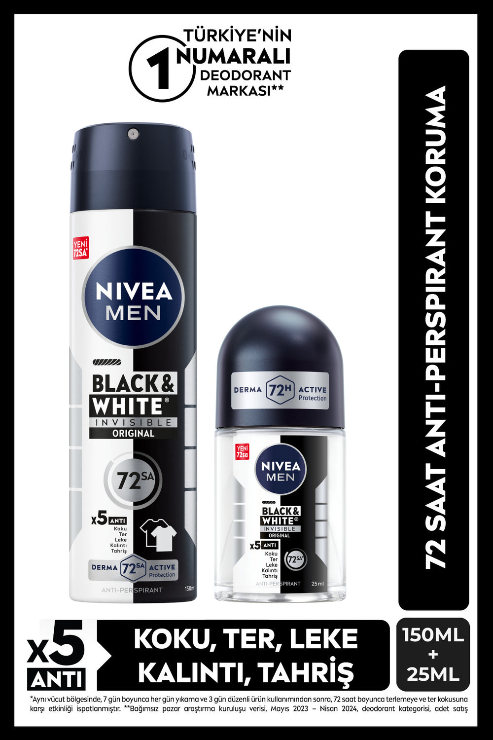 Nivea MEN Men's Spray Deodorant Black&White 150ml and Mini Roll-on 25ml, 72 Hours Anti-perspirant Sweat Protection