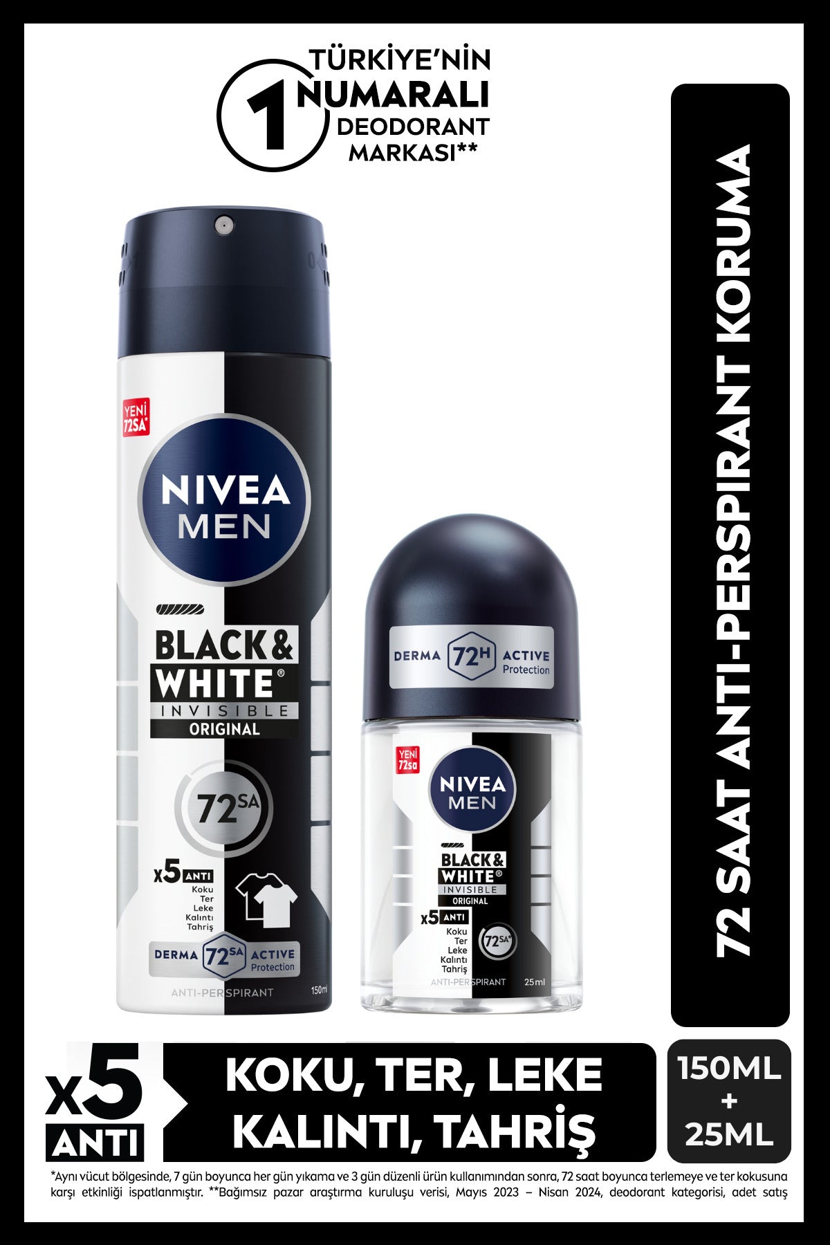 Nivea MEN Men's Spray Deodorant Black&White 150ml and Mini Roll-on 25ml, 72 Hours Anti-perspirant Sweat Protection