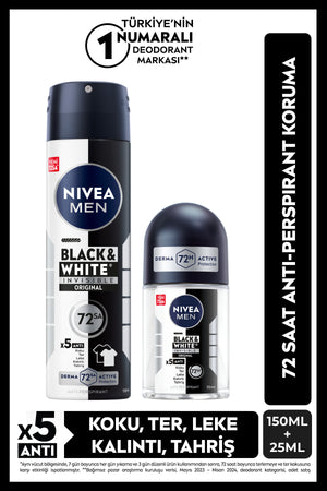 Nivea MEN Men's Spray Deodorant Black&White 150ml and Mini Roll-on 25ml, 72 Hours Anti-perspirant Sweat Protection