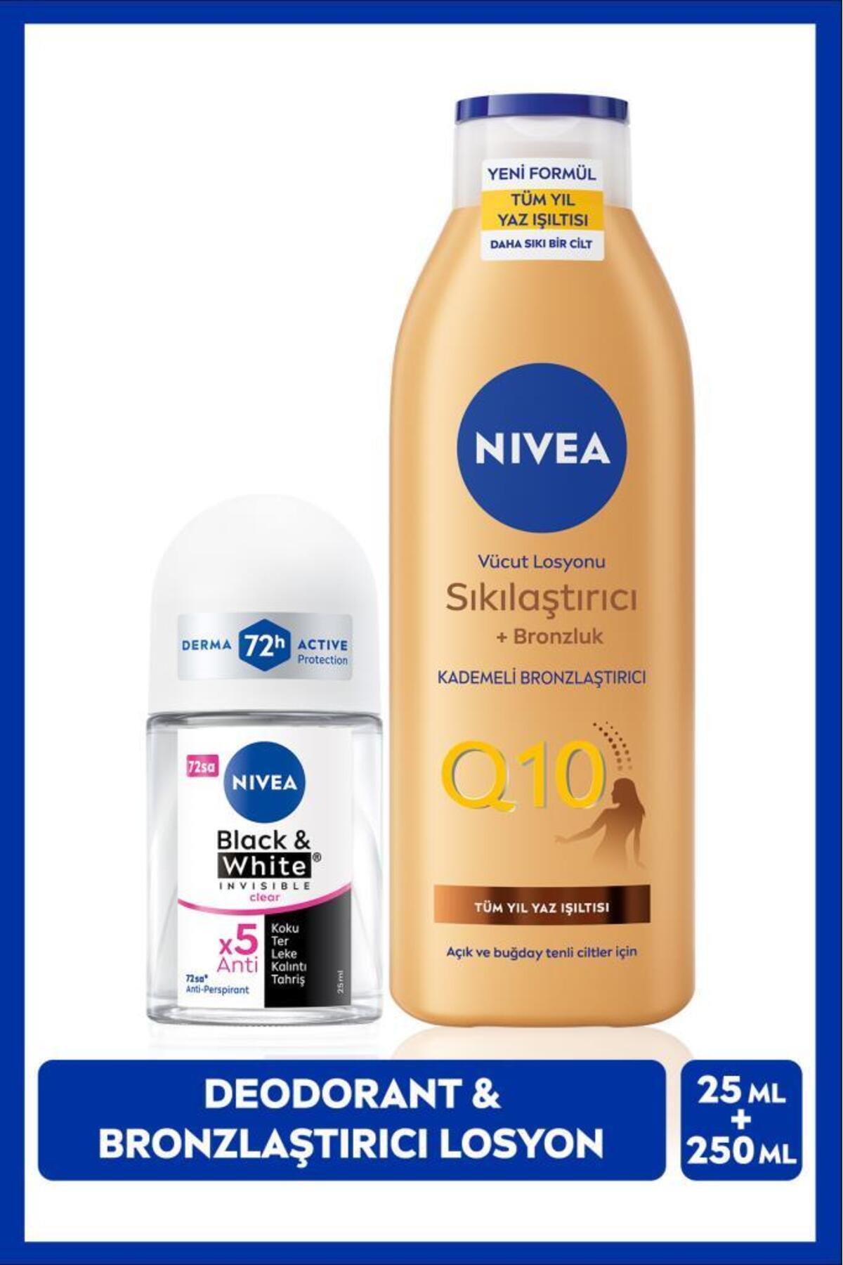 Nivea Q10 Bronzing Body Lotion 250ml and Mini Roll-on Deodorant Black&White Invisible Clear 25ml