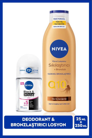 Nivea Q10 Bronzing Body Lotion 250ml and Mini Roll-on Deodorant Black&White Invisible Clear 25ml