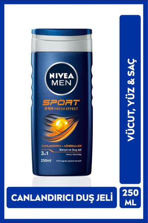Nivea Men Sports Shower Gel 250 ml, 3 in 1 Use, Body, Face and Hair, 24 Hours Freshness