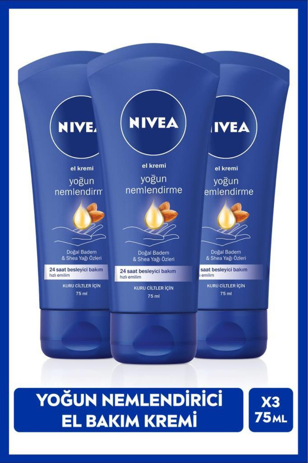 Nivea Intensive Moisturizing and Nourishing Hand Care Cream 75ml, Natural Almond, Shea Butter Extract, Dry Skin, X3 Pieces