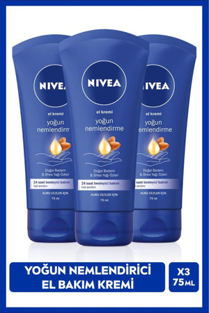 Nivea Intensive Moisturizing and Nourishing Hand Care Cream 75ml, Natural Almond, Shea Butter Extract, Dry Skin, X3 Pieces