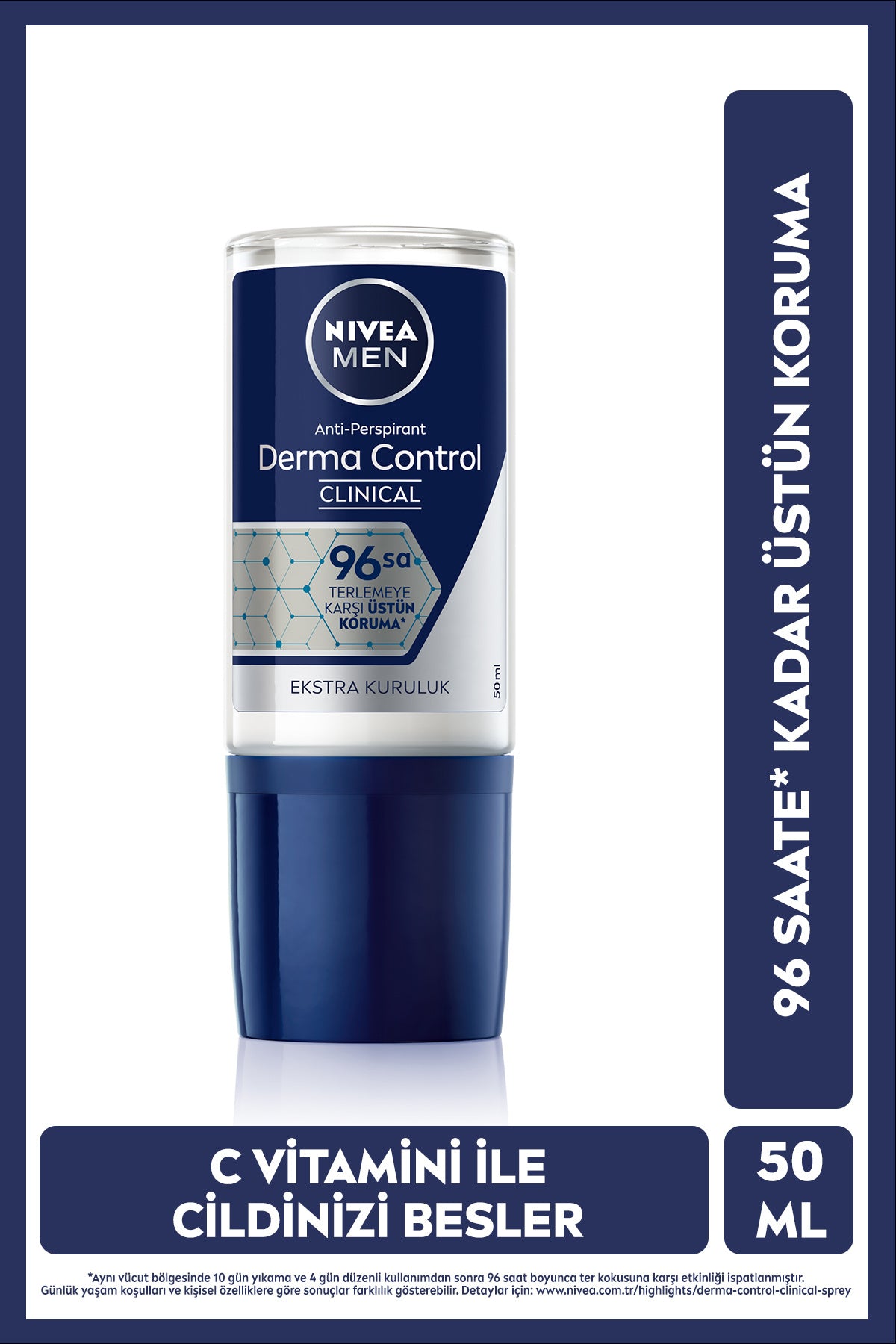 Nivea MEN Men's Roll on Deodorant Derma Control Clinical 50 ml, 96 Hours Protection, Vitamin C, Anti-Darkness