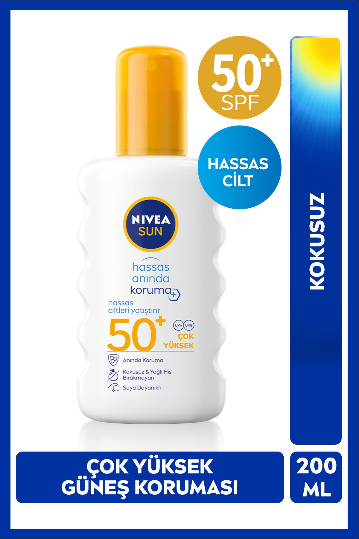 Nivea SUN SPF50 Sensitive Instant Sunscreen Body Spray 200ml, Waterproof, Soothing, Sensitive Skin