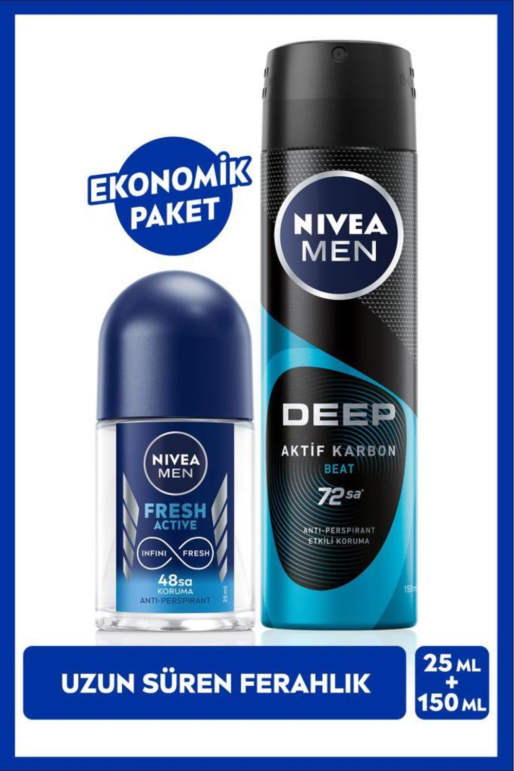 Nivea MEN Men's Spray Deodorant Deep Beat 150ml and Mini Roll-on Fresh Active 25ml Set, Anti-Sweat Protection