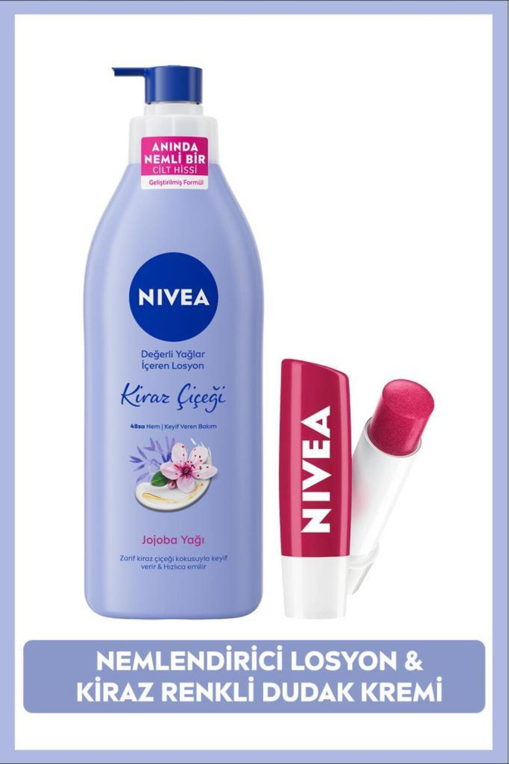 Nivea Cherry Blossom Body Lotion 400ml and Cherry Lip Care Cream, Moisturizing, Dry Skin