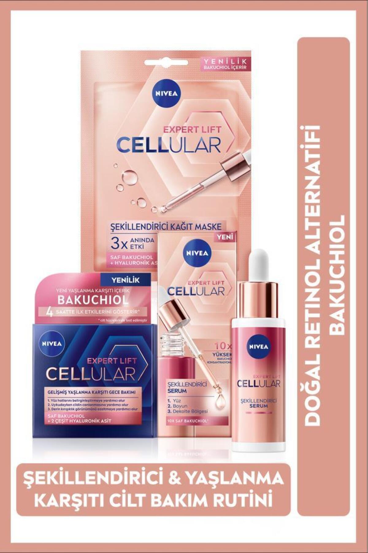Nivea Cellular Natural Retinol Alternative Bakuchiol Serum 30ml, Night Care Cream 50ml and Paper Face Mask
