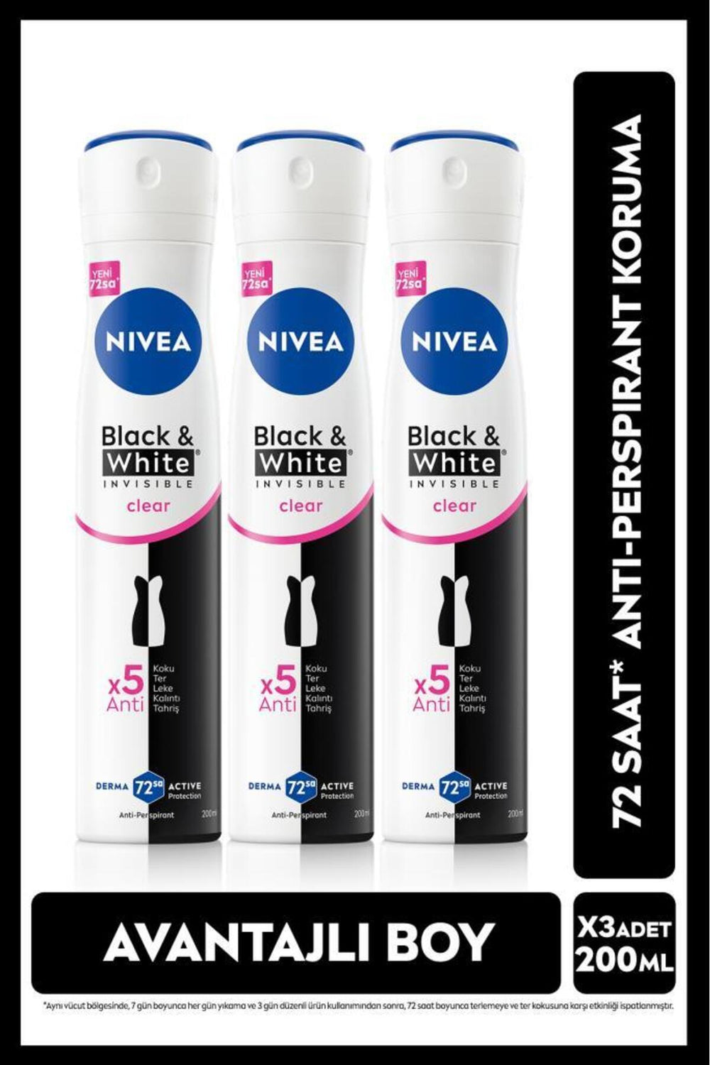 Nivea Women's Spray Deodorant Black&white Invisible Clear 48 Hours Anti-perspirant Protection 200mlx3pcs