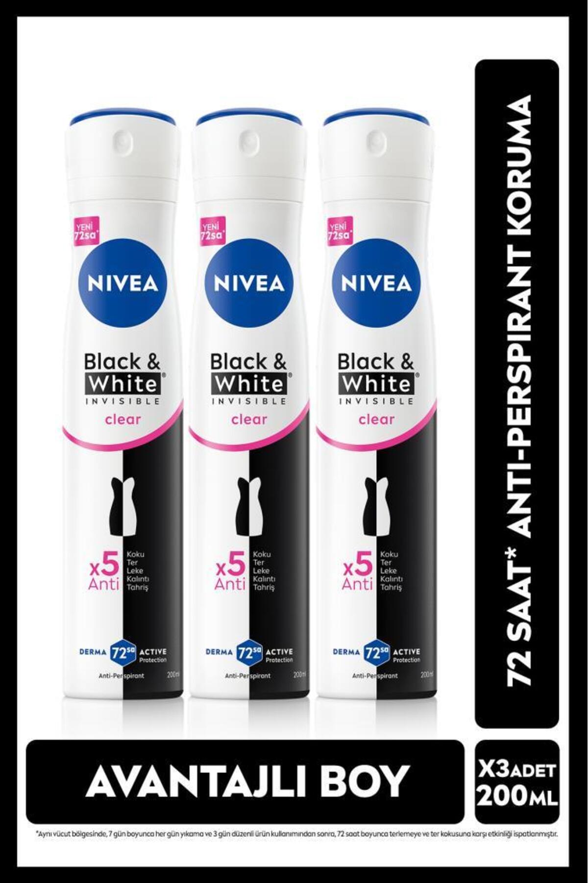 Nivea Women's Spray Deodorant Black&white Invisible Clear 48 Hours Anti-perspirant Protection 200mlx3pcs