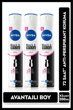 Nivea Women's Spray Deodorant Black&white Invisible Clear 48 Hours Anti-perspirant Protection 200mlx3pcs