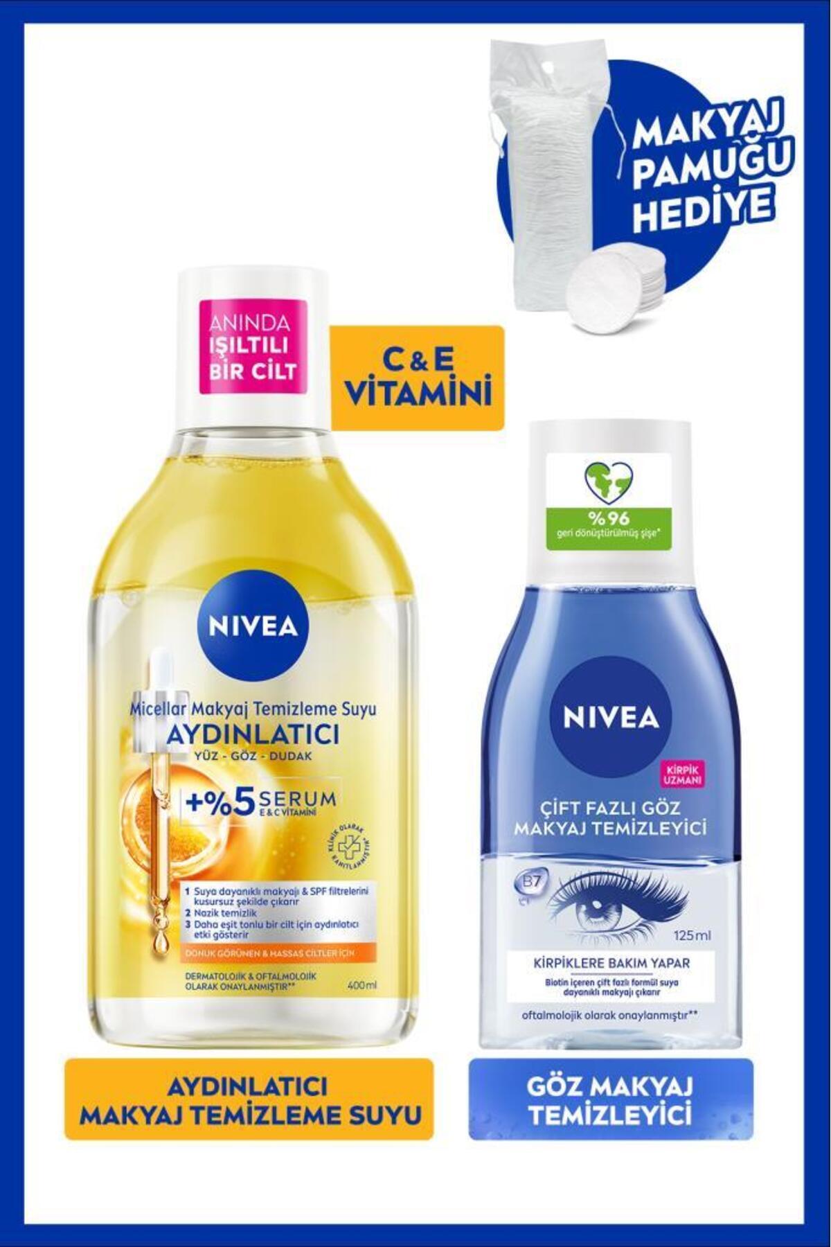 Nivea Illuminating Micellar Make-up Remover Water 400ml and Eye Make-up Remover 125ml, Cotton Gift