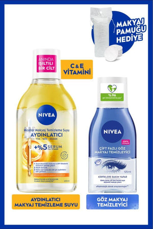 Nivea Illuminating Micellar Make-up Remover Water 400ml and Eye Make-up Remover 125ml, Cotton Gift