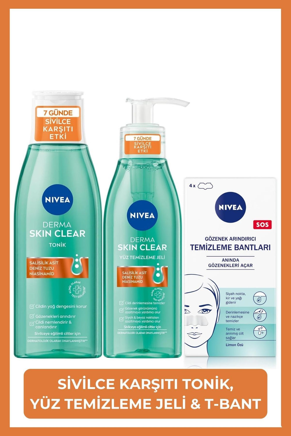 Nivea Anti-Blackhead and Acne Facial Care Set, Facial Cleansing Gel 150ml, Tonic 200ml and Nasal Strip