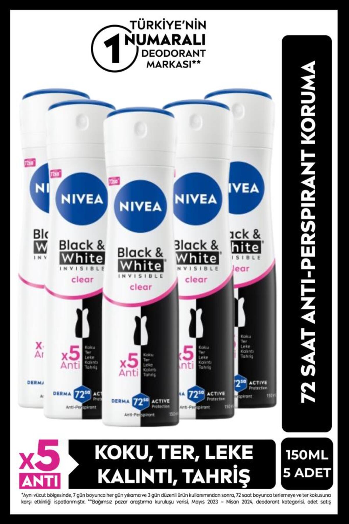 Nivea Women's Spray Deodorant Black&white Invisible Clear 150ml, 48 Hours Anti-perspirant Protection, X5 Pieces