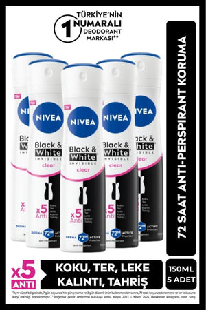 Nivea Women's Spray Deodorant Black&white Invisible Clear 150ml, 48 Hours Anti-perspirant Protection, X5 Pieces