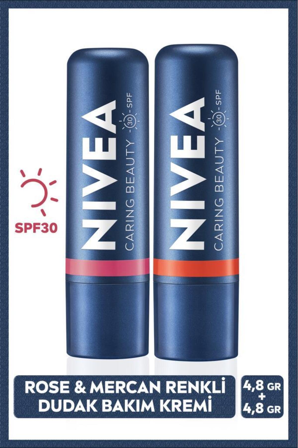 Nivea Rose Colored Moisturizing Lip Care Cream and Coral Lip Care Cream 4,8gr SPF30, Blush Effect