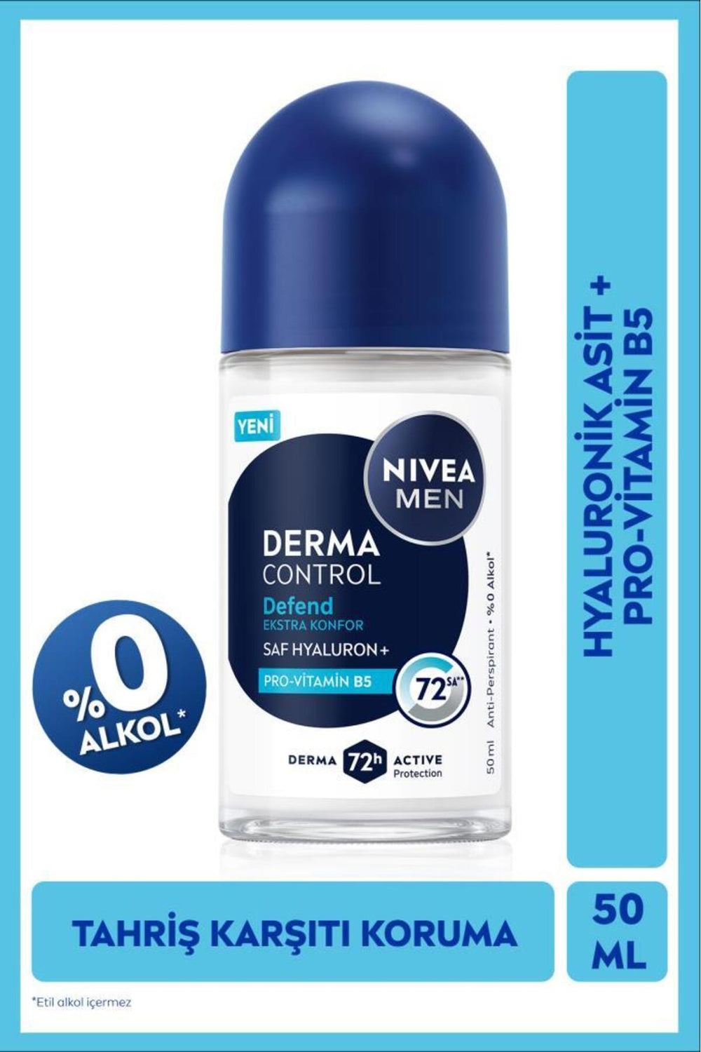 Nivea MEN Men's Roll-on Deodorant Derma Control Defend 50ml, 72 Hours Anti-perspirant, Alcohol-Free, Hyaluron