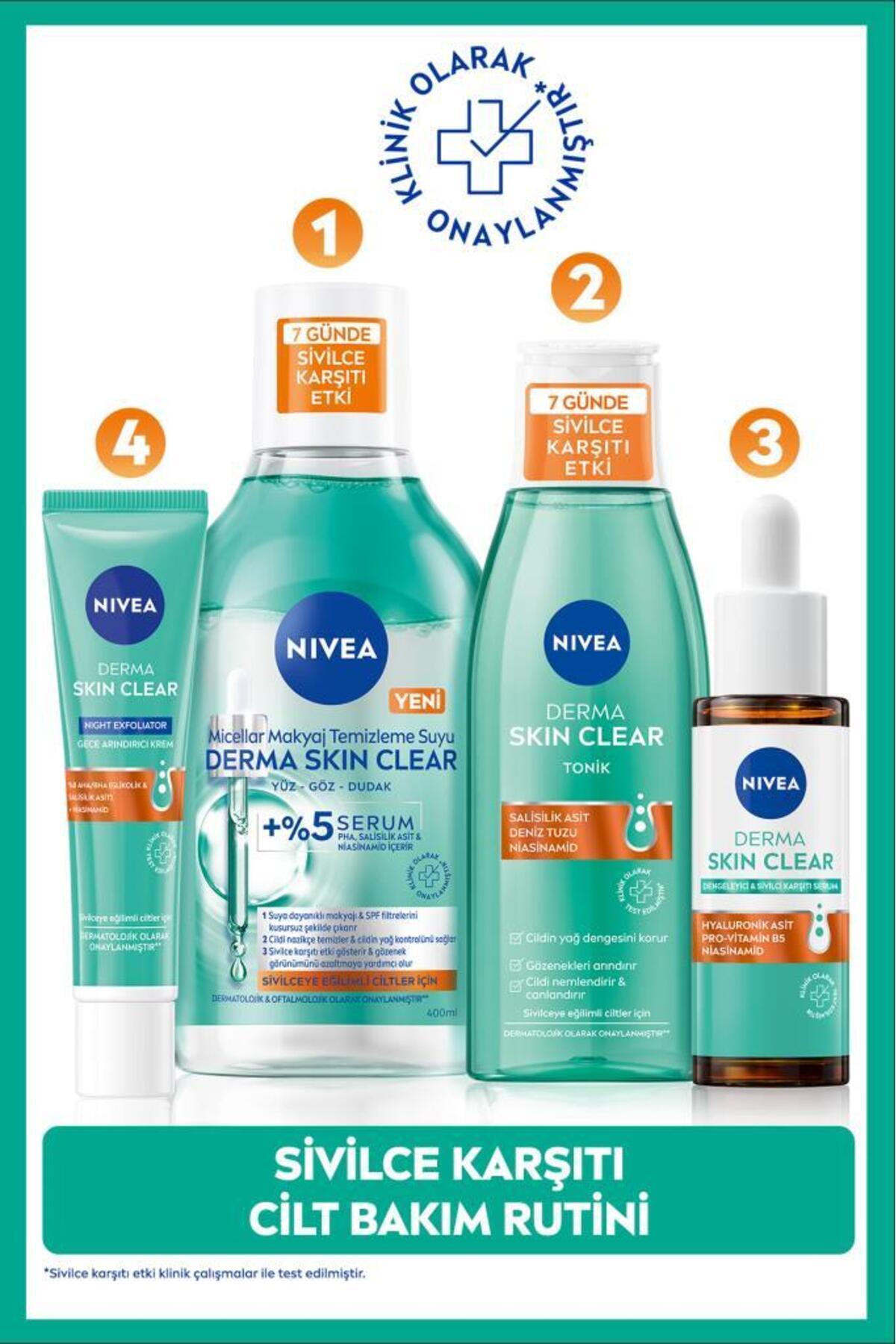 Nivea Derma Skin Clear Anti Serum 30ml, Make-up Removal Water 400ml, Tonic 200ml and Night Cream
