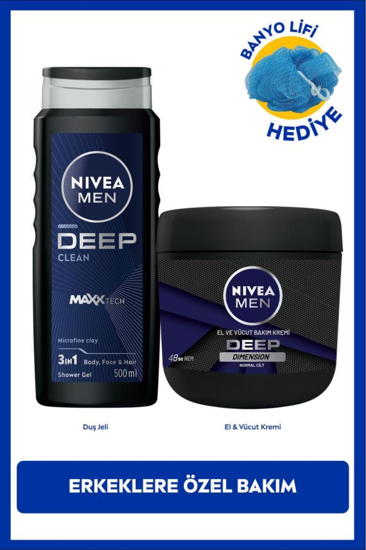 Nivea MEN Men's Deep Clean Shower Gel 500ml and Deep Moisturizing Body Care Cream 400ml, Masculine Scent
