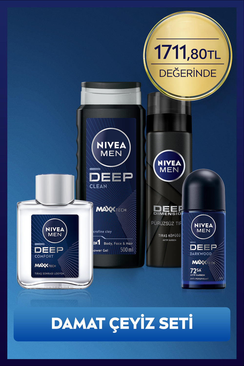 Nivea MEN Men's Grooming Dowry Set, Shower Gel, Roll-on Deodorant, Shaving Foam and Moisturizing Lotion