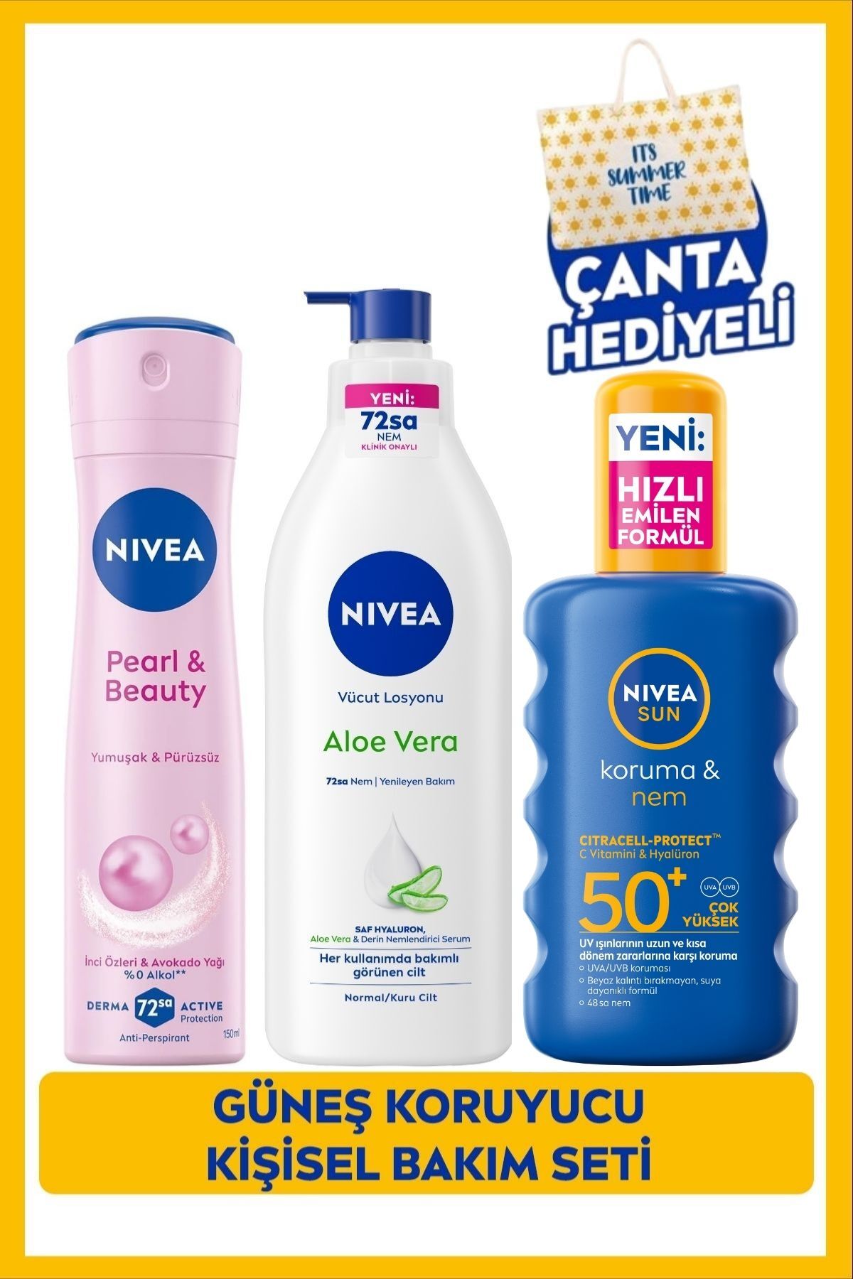 Nivea SUN SPF50+ Sunscreen Body Spray 200ml, Moisturizing Lotion, Deodorant, Summer Set with Bag Gift
